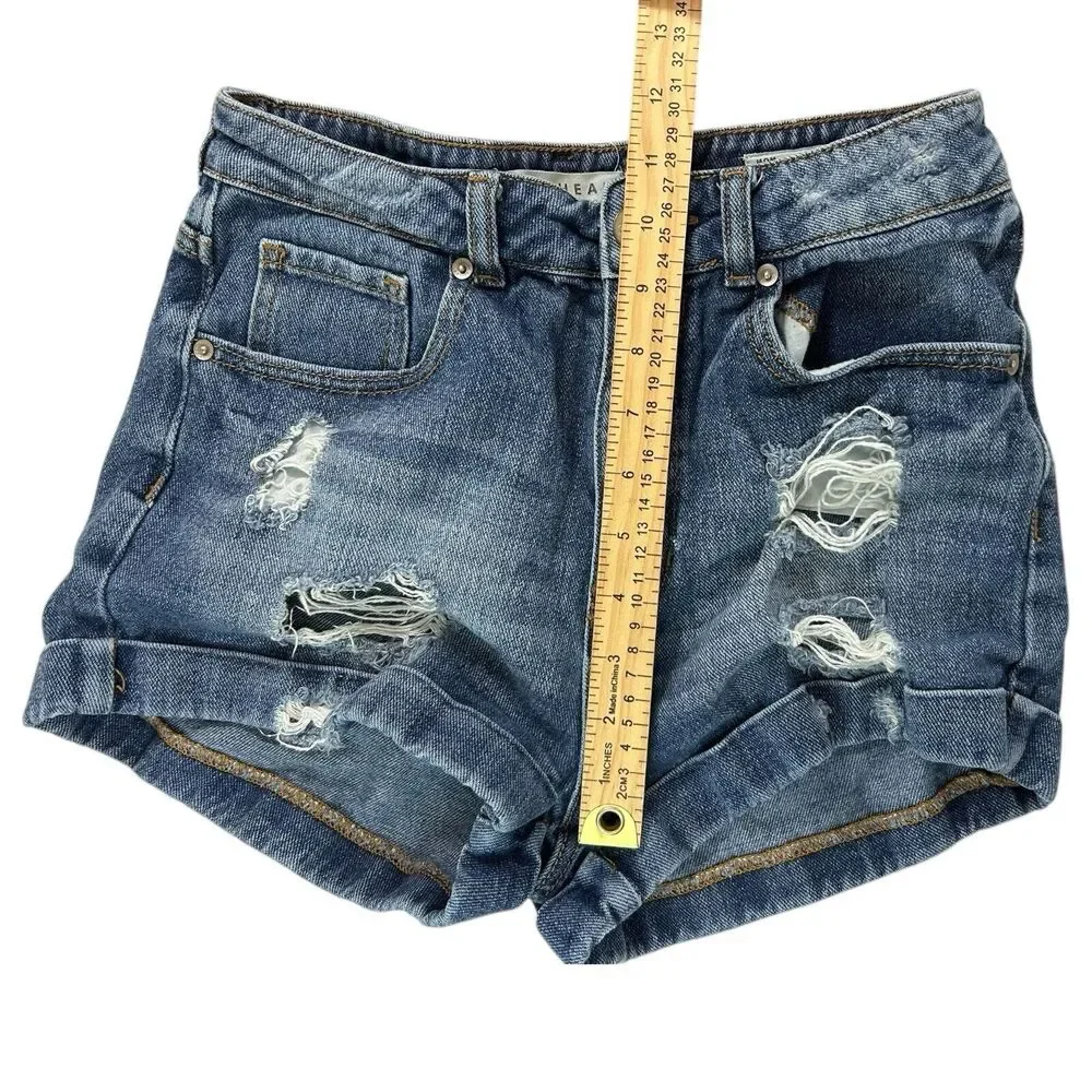 Bullhead Jean Shorts Size 5 Mom Short High Rise Distressed Rolled Cuff Ripped - Picture 5 of 7